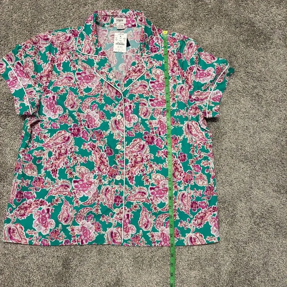 J.Crew Womens L Pajama Top Short Sleeve 100% Cotton Pink Paisley White Trim NWT
